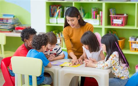 Asian Female Teacher Teaching Mixed Race Kids Reading Book In Classroom