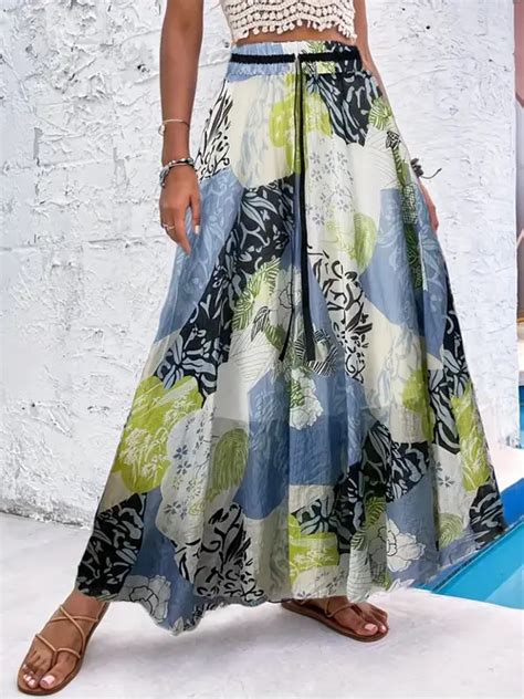 Boho Floral Print High Waist Skirts Vacation Pleated A Line Midi Skirts