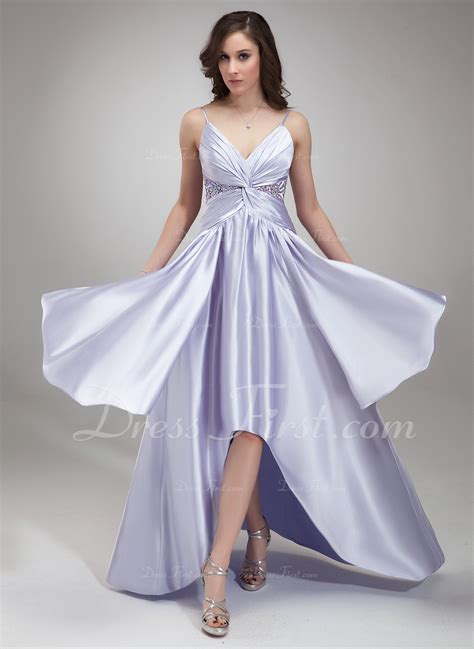 A Line Princess V Neck Asymmetrical Charmeuse Prom Dresses With Ruffle