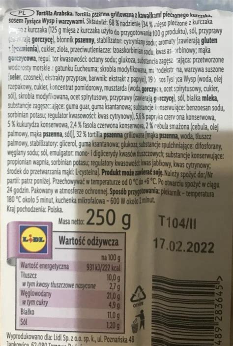 Tortilla Arabska Lidl Kalorie Kj I Warto Ci Od Ywcze Dine Fit Pl