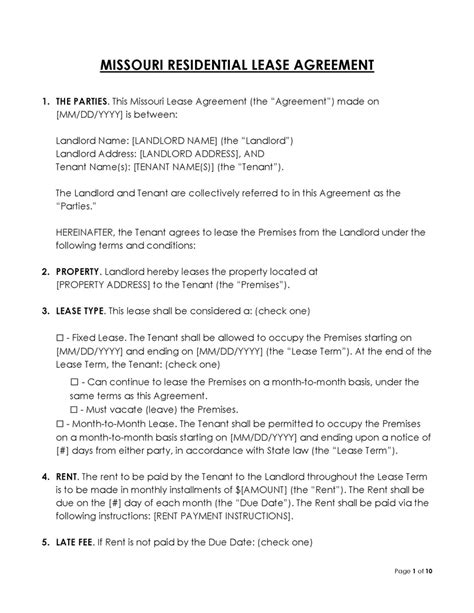 Free Missouri Lease Agreement Templates PDF Word