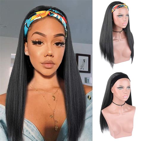 Krsi 20inch Long Kinky Straight Wigs With Headbands Attached Yaki Wigs For Black