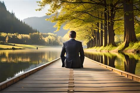 Un Homme Est Assis Sur Un Quai Devant Un Lac Avec Des Arbres En Arrière