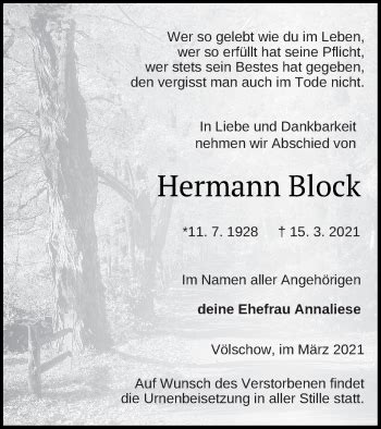 Traueranzeigen Von Hermann Block Trauer Nordkurier