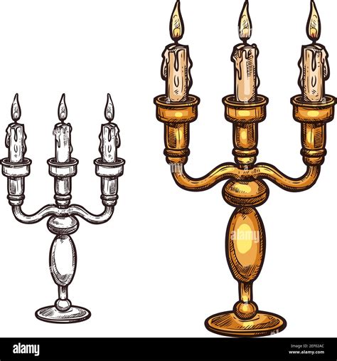 Halloween Candle In Candlestick Sketch Icon Vector Burning Flame Three