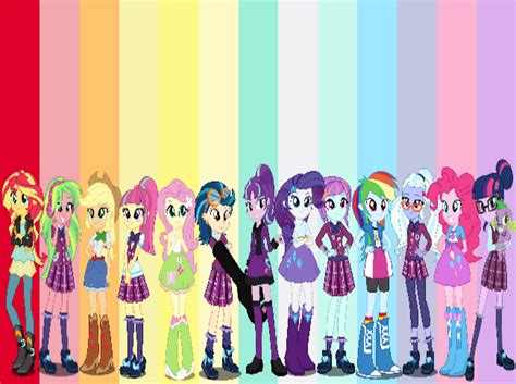 several cartoon characters standing in front of a rainbow colored ...