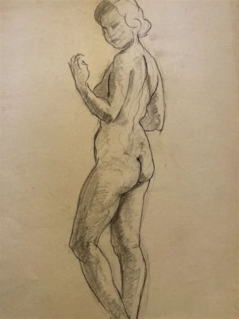 VERY NICE DRAWING Charcoal Naked Woman Erotic Standing To Identify 1950