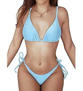 Amazon Zaful Women S Sexy Tie Shoulders Ribbed Bikini Set Padded Strap Triangle Swimsuit