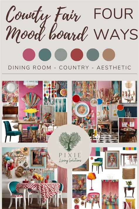 a collage of different rooms and furniture with the words, county fair mood board ways