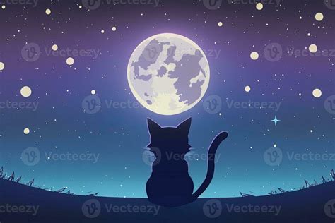 Anime Cat Looking At The Moon On Starry Night Illustration 23961066