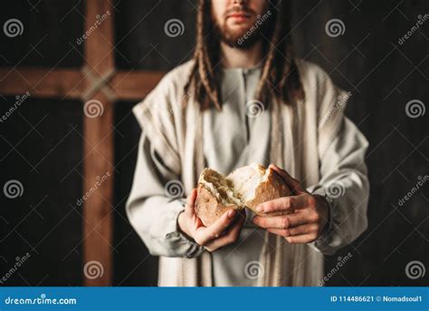 Jesus Christ Gives Bread To Faithful Sacred Food Stock Image Image