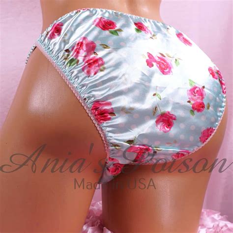 Anias Sissy Floral Blue Polka Dot Satin String Bikini Shiny Wetlook Mens Panties Sz S Ania S