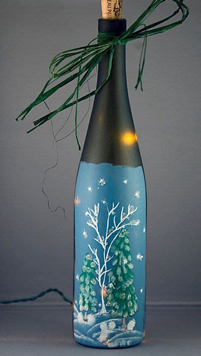 Lighted Wine Bottle Hand Painted Winter Scene Christmas Decoration Glitter Trees Accent Lamp