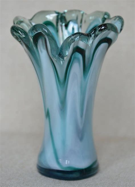 Hand Blown Fluted Art Glass Vase In Variegated Sea Foam Green Or Blue Color Art Glass Vase