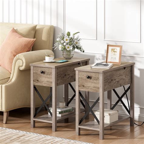 Jaxpety Set Of Side Tables With Charging Station Narrow End Tables