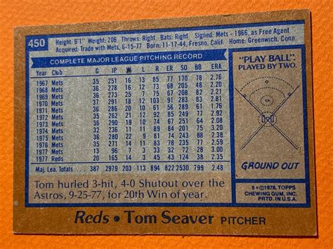 Tom Seaver Cincinnati Reds Topps Baseball Card Mint Centered