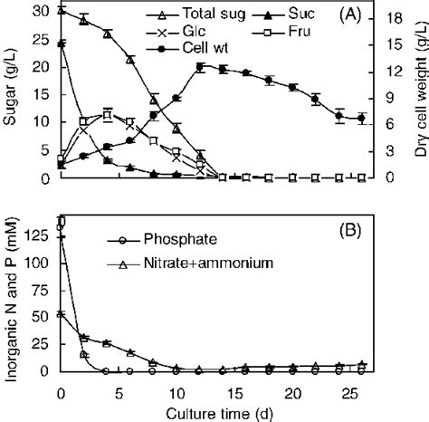 Time Courses Of Biomass Dry Weight And Major Nutrient Concentrations In