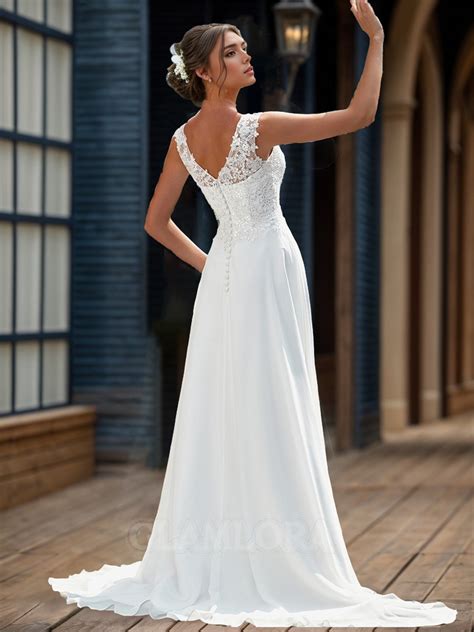 A Line Stunning V Neck Sweep Train Chiffon Wedding Dress With Appliques Lace Glamlora