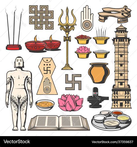 Jainism indian religion symbols jain dharma icons Vector Image