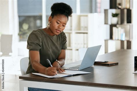 Corporate Black Woman Notebook And Writing In Planning Schedule Or Strategy For Job As