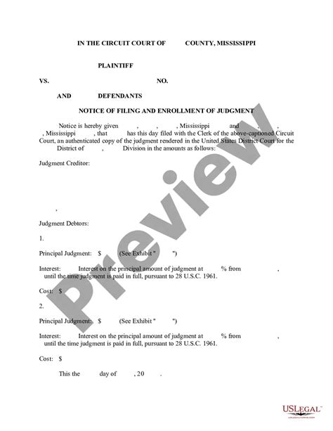 Mississippi Notice Of Filing And Enrollment Of Judgment Mississippi Filing File Us Legal Forms