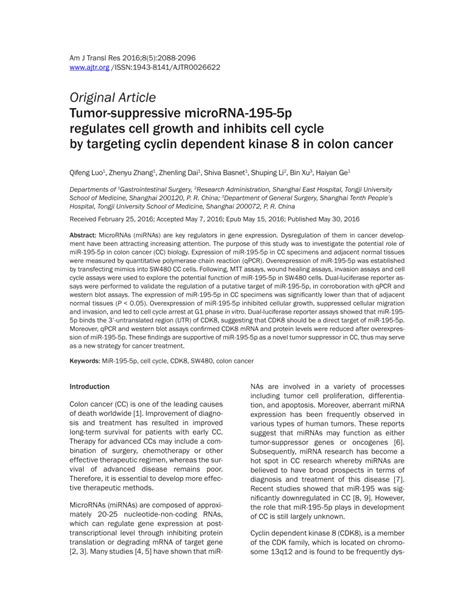 Pdf Tumor Suppressive Microrna P Regulates Cell Growth And