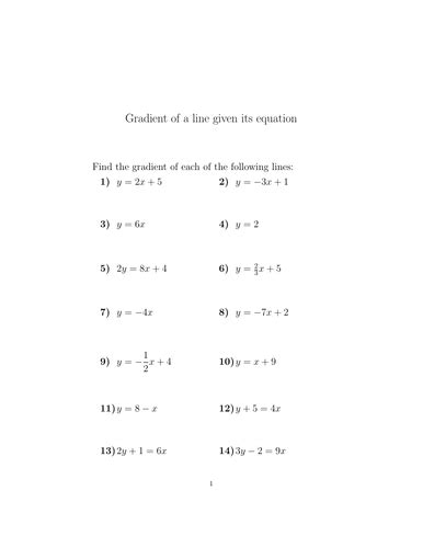 Gradient of a line given its equation worksheet (with solutions ...