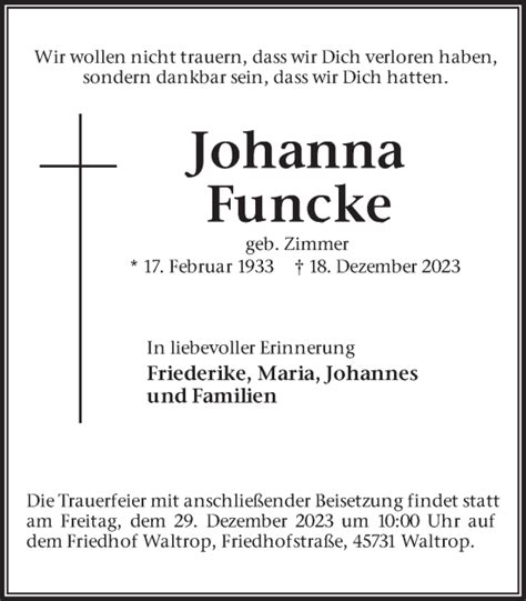 Traueranzeigen Von Johanna Funcke Sich Erinnern De