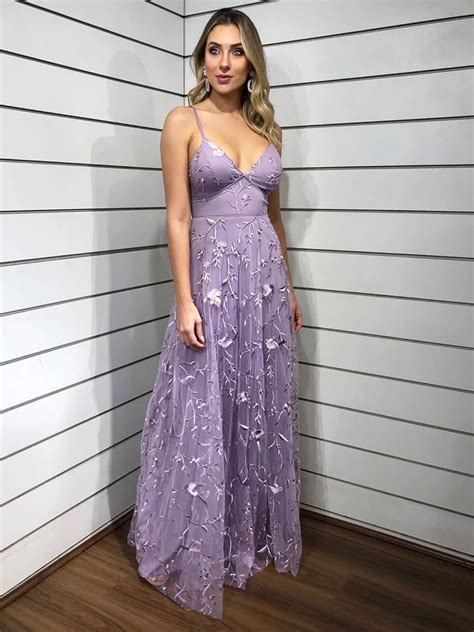 Chic Spaghetti Straps Lace Applique Lilac Long Prom Dresses Evening