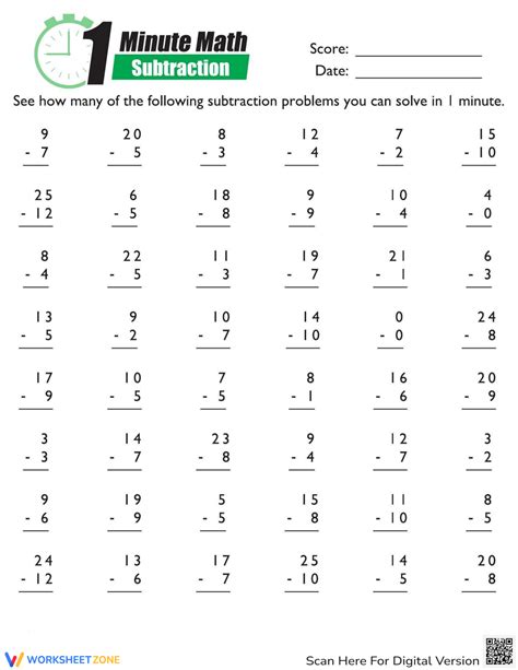 Mad Minute Math Subtraction Worksheet