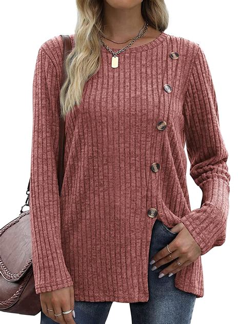 Hubery Women Button Crew Neck Long Sleeve Slit Hem Solid Color Rib Knitted Top