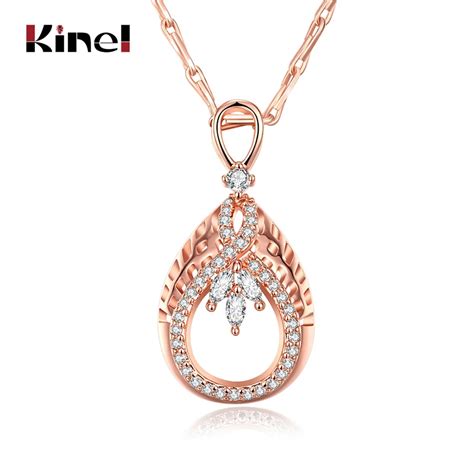 Kinel Water Drops Shape Pendant Necklace Inlay Zircon Rose Gold Color