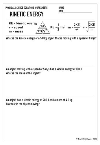 Kinetic Energy Equation Worksheet Teaching Resources