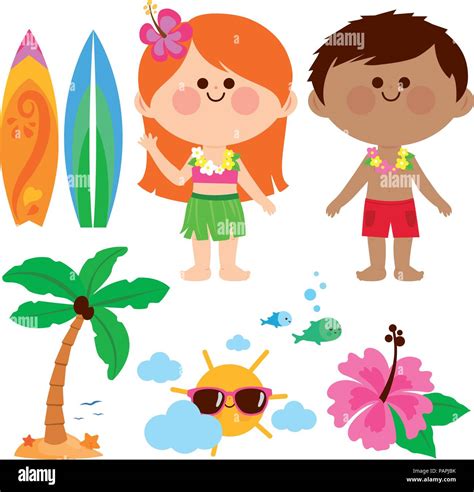 Niño y niña hawaiana los niños con trajes de baño y otros elementos de