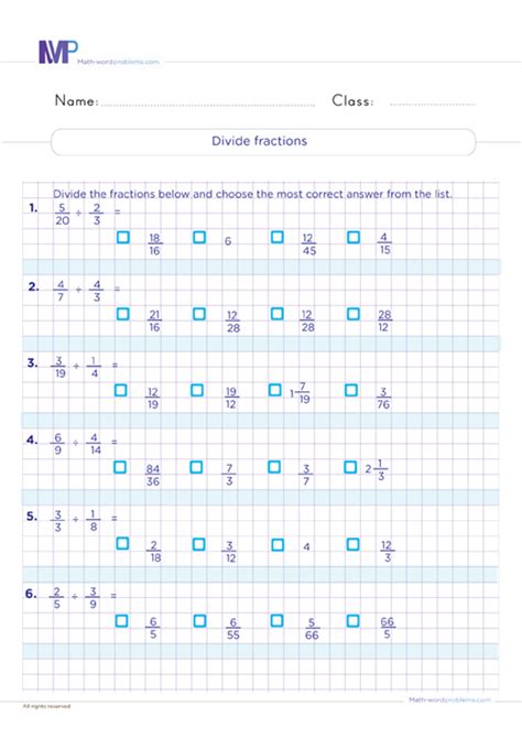 Divide Fractions Worksheets Grade 6