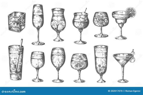 Sketch Cocktails Vector Hand Drawn Glasses With Alcoholic Drinks Cold