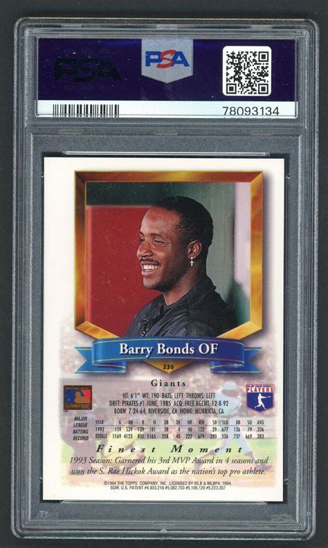 BARRY BONDS 1994 TOPPS FINEST BASEBALL 230 REFRACTOR CARD PSA 8 EBay