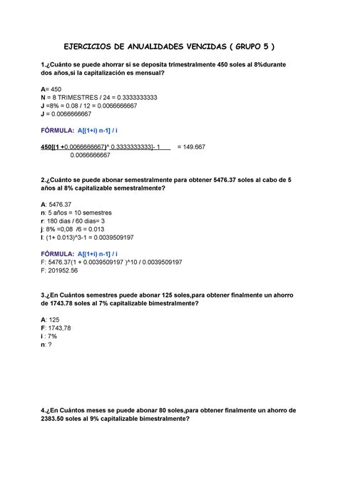 Anualidades Vencidas Practica Matematica Ejercicios De Anualidades