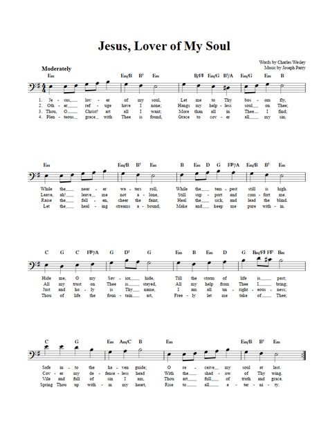 Jesus, Lover of My Soul Bass Clef Instrument Sheet Music (Lead Sheet) with Chords and Lyrics