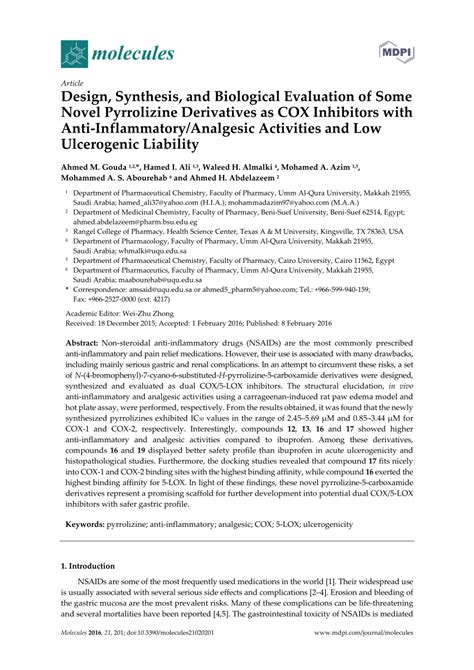 Design Synthesis And Biological Evaluation Of Some Novel Pyrrolizine