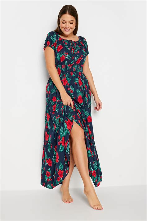 Yours Plus Size Navy Blue Tropical Print Bardot Maxi Dress Yours Clothing