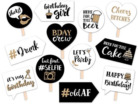 Funny Adult Birthday Printable Photo Booth Props 12 Signs Gold White