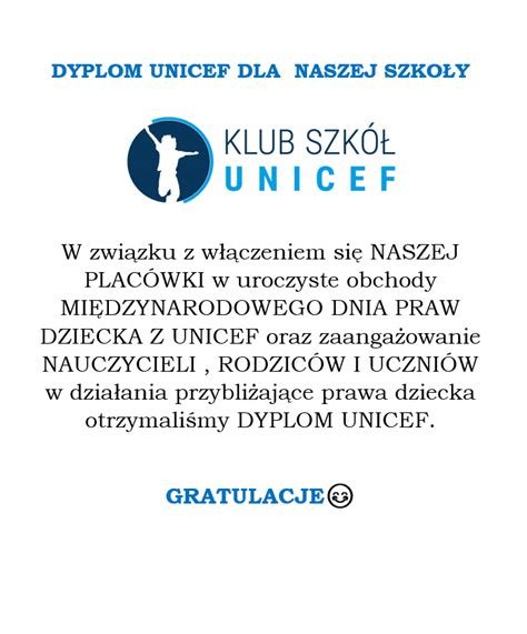 Dyplom Unicef Dla Naszej Szko Y Szko A Podstawowa Nr W Olsztynie