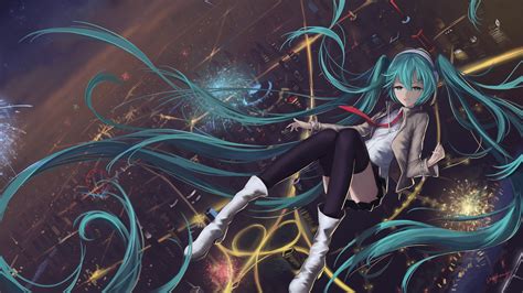 Cityscape Hatsune Miku Thigh Highs Vocaloid Hd Wallpaper Wallpaper