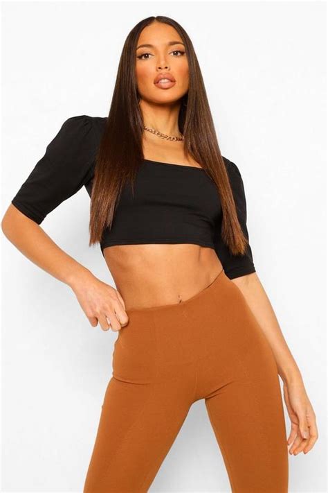 Black Tall Cotton Square Neck Puff Sleeve Top Boohoo Uk