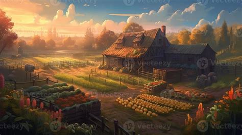 Fantasy Farm House with Pumpkins Illustration