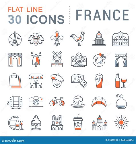 Set Vector Flat Line Icons France And Paris Stock Illustration