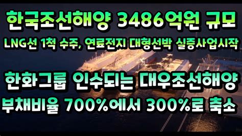 한국조선해양 3486억원 규모 Lng선 1척 수주 연료전지 대형선박 실증 사업 시작 한화그룹에 인수되는 대우조선 부채비율