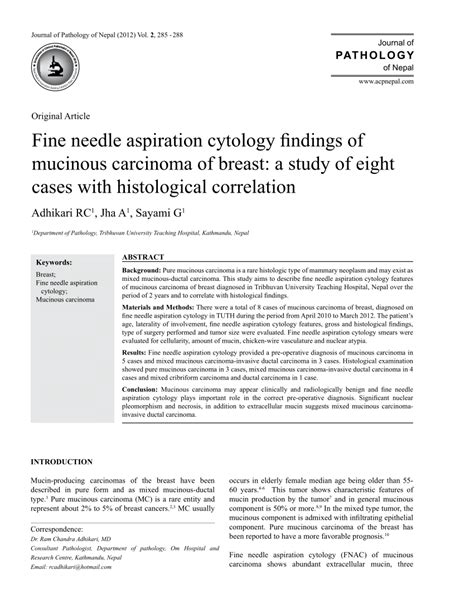 PDF Fine Needle Aspiration Cytology Findings Of Mucinous Carcinoma Of