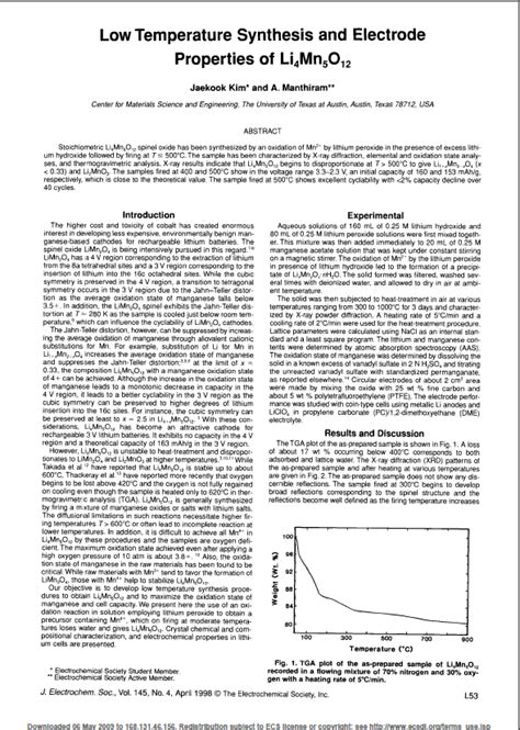 Low Temperature Synthesis And Electrode Properties Of Li Mn O